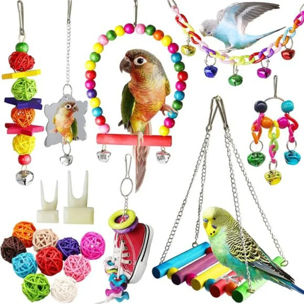 Bird Parakeet Cockatiel Toys,19 Pcs Pet Bird Cage Swing Hammock Shoe Chewing Toy